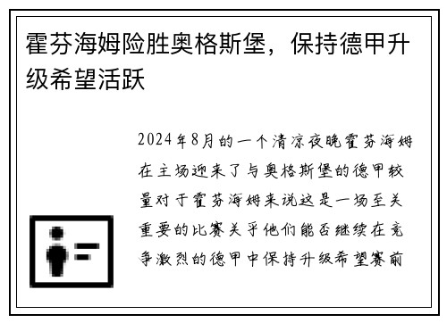 霍芬海姆险胜奥格斯堡，保持德甲升级希望活跃